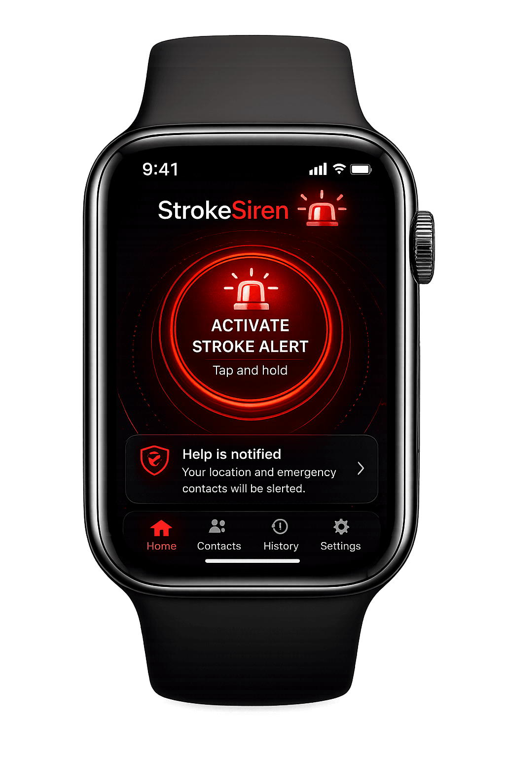 Apple Watch showing an SOS sent screen with 'Help is on the way'