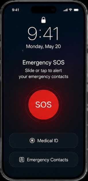 Phone lock screen showing the StrokeSiren Emergency SOS button with Medical ID and Emergency Contacts shortcuts