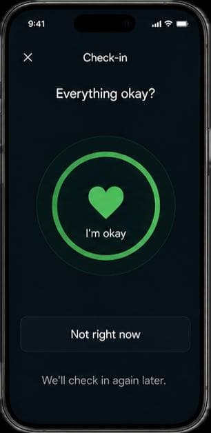 Phone showing a StrokeSiren proof-of-life check-in with a green I'm okay button