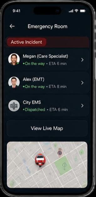 Phone showing an active stroke incident with Care Specialist, EMT, and City EMS responders and ETAs