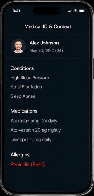 Phone showing a Medical ID for Alex Johnson with conditions, medications, and allergies
