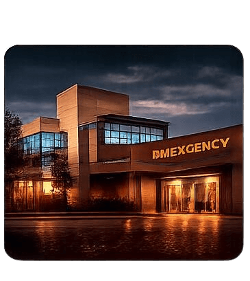 A hospital emergency entrance illuminated at night